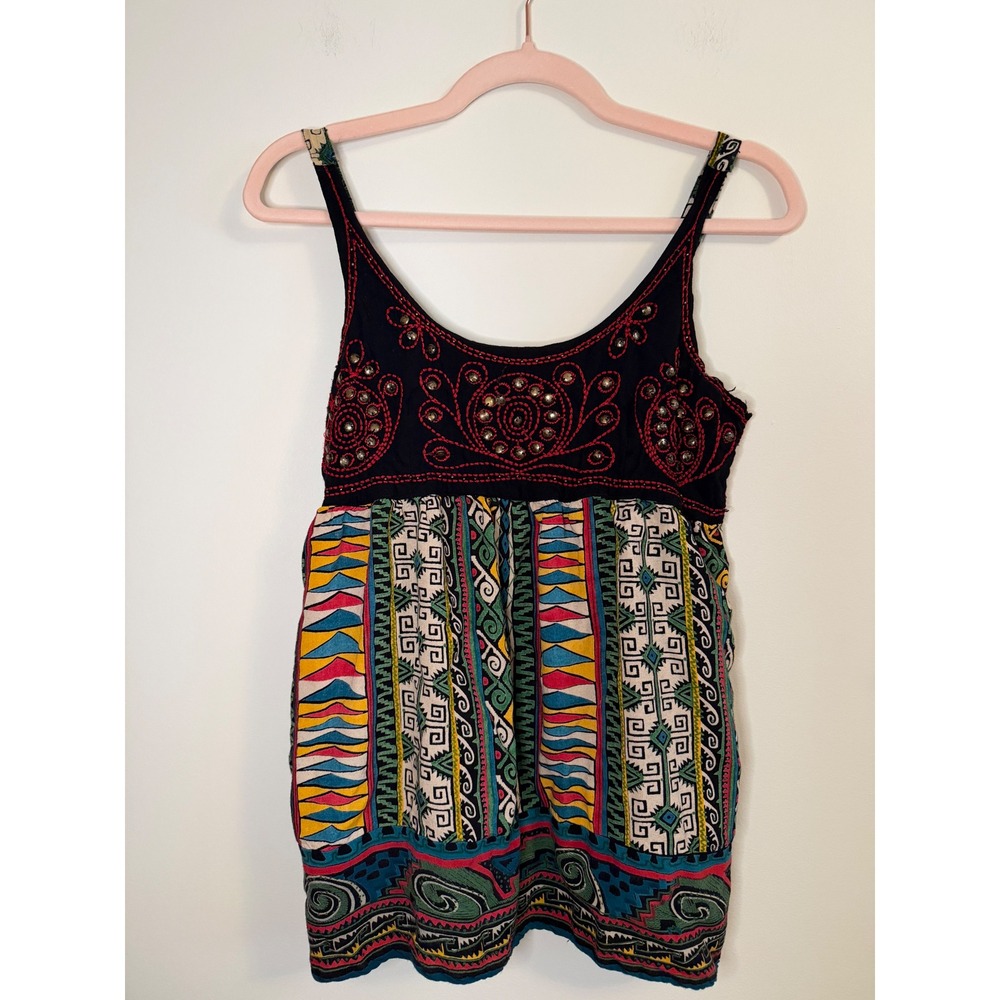 Angie Boho Tribal Print Embroidered Studded Camisole Top Black Multi Size M